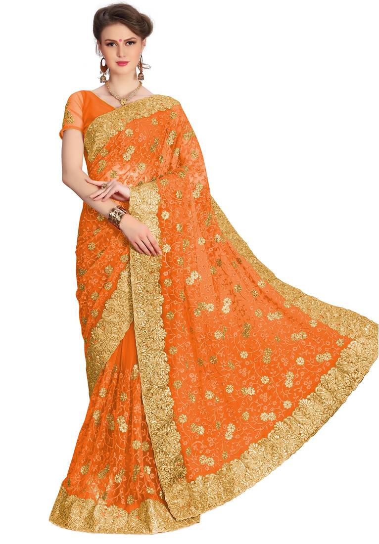 Trendmalls Orange embroidered net saree with blouse 