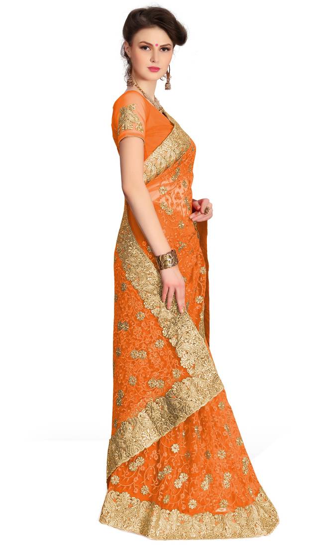 Trendmalls Orange embroidered net saree with blouse 