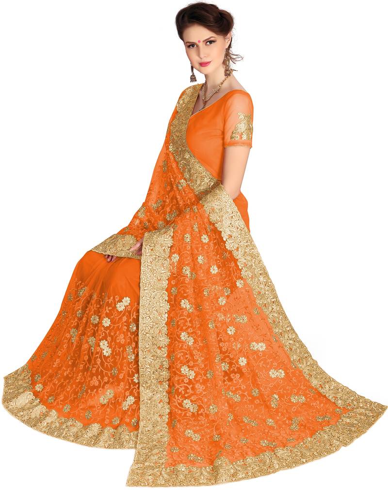 Trendmalls Orange embroidered net saree with blouse 