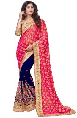 Trendmalls Pink embroidered Georgette   Traditional Wedding Party Wear Bridal Saree With Blouse   1