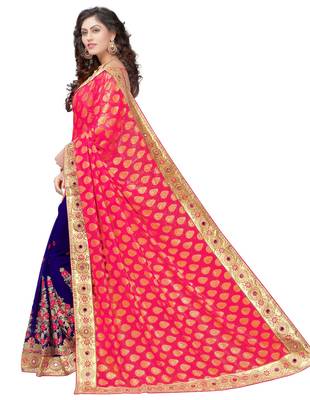 Trendmalls Pink embroidered Georgette   Traditional Wedding Party Wear Bridal Saree With Blouse   3