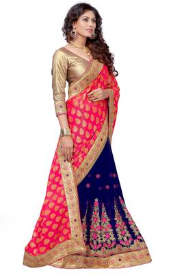 Trendmalls Pink embroidered Georgette   Traditional Wedding Party Wear Bridal Saree With Blouse   4