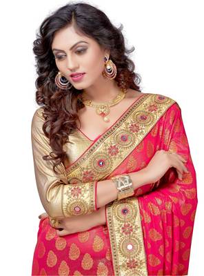 Trendmalls Pink embroidered Georgette   Traditional Wedding Party Wear Bridal Saree With Blouse   5