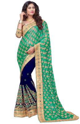 Trendmalls Green embroidered Georgette   Traditional Wedding Party Wear Bridal Saree With Blouse   1