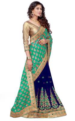 Trendmalls Green embroidered Georgette   Traditional Wedding Party Wear Bridal Saree With Blouse   4