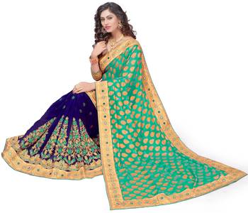 Trendmalls Green embroidered Georgette   Traditional Wedding Party Wear Bridal Saree With Blouse   5