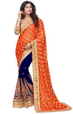 Trendmalls Orange embroidered Georgette  Traditional Wedding Party Wear Bridal Saree with Blouse  1
