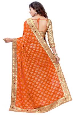 Trendmalls Orange embroidered Georgette  Traditional Wedding Party Wear Bridal Saree with Blouse  2