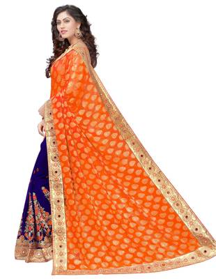 Trendmalls Orange embroidered Georgette  Traditional Wedding Party Wear Bridal Saree with Blouse  3