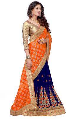 Trendmalls Orange embroidered Georgette  Traditional Wedding Party Wear Bridal Saree with Blouse  4
