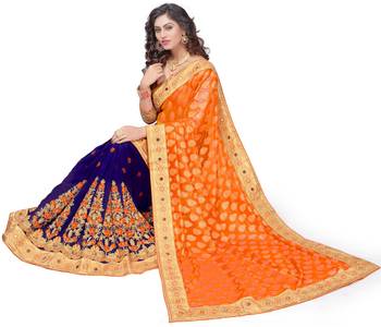 Trendmalls Orange embroidered Georgette  Traditional Wedding Party Wear Bridal Saree with Blouse  5