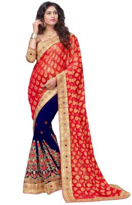 Trendmalls Red embroidered Georgette   Traditional Wedding Party Wear Bridal Saree With Blouse   1