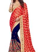 Trendmalls Red embroidered Georgette   Traditional Wedding Party Wear Bridal Saree With Blouse  
