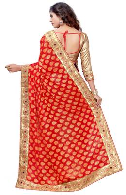 Trendmalls Red embroidered Georgette   Traditional Wedding Party Wear Bridal Saree With Blouse   2