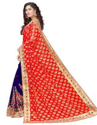Trendmalls Red embroidered Georgette   Traditional Wedding Party Wear Bridal Saree With Blouse   3