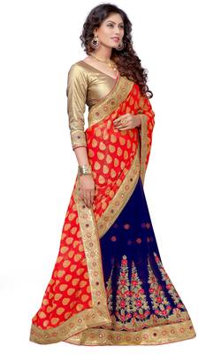 Trendmalls Red embroidered Georgette   Traditional Wedding Party Wear Bridal Saree With Blouse   4
