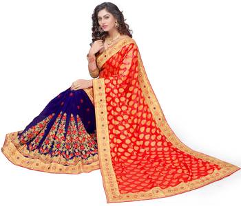 Trendmalls Red embroidered Georgette   Traditional Wedding Party Wear Bridal Saree With Blouse   5