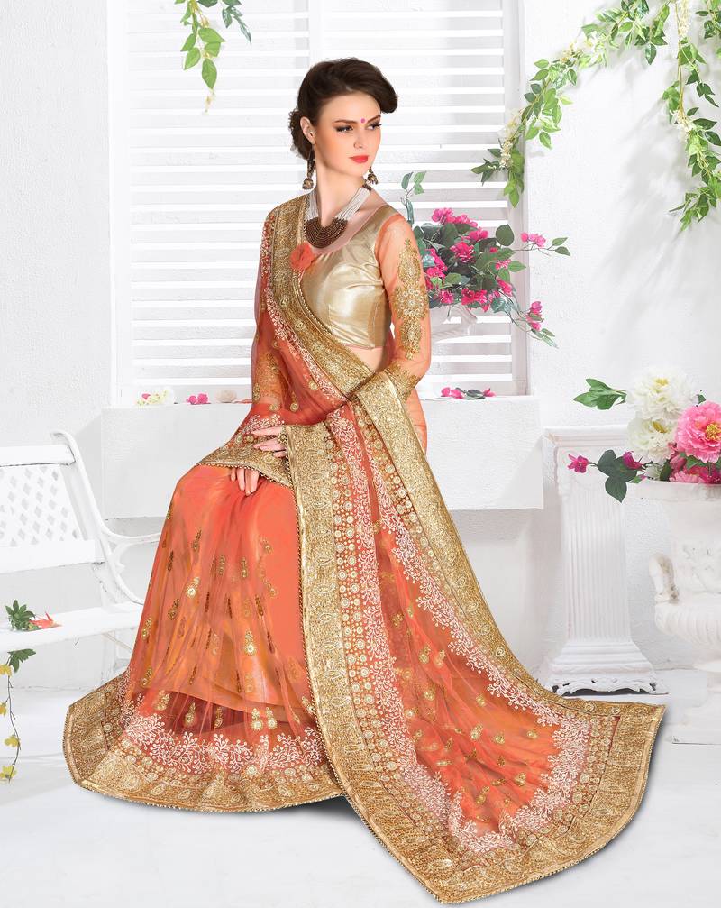 Trendmalls Orange embroidered net Party Wear Saree With Blouse