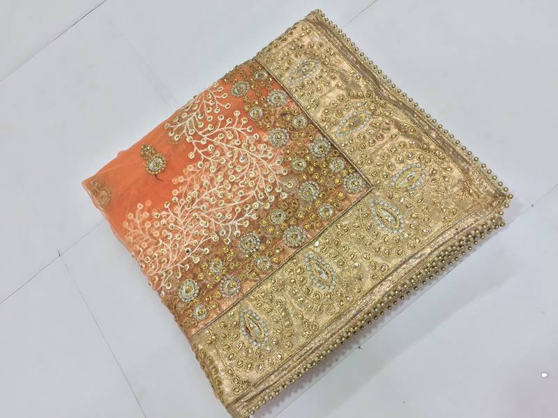 Trendmalls Orange embroidered net Party Wear Saree With Blouse