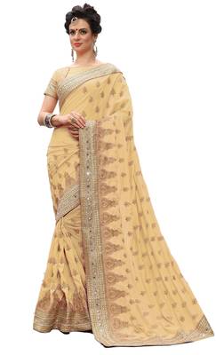 Trendmalls Beige embroidered silk  Traditional Wedding Party Wear Bridal Saree with Blouse  1