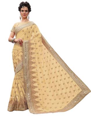 Trendmalls Beige embroidered silk  Traditional Wedding Party Wear Bridal Saree with Blouse  3