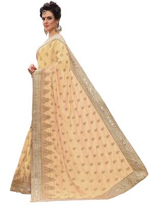 Trendmalls Beige embroidered silk  Traditional Wedding Party Wear Bridal Saree with Blouse  4