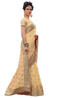 Trendmalls Beige embroidered silk  Traditional Wedding Party Wear Bridal Saree with Blouse  5