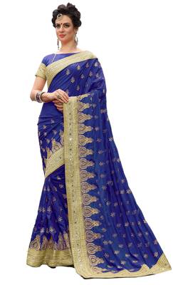 Trendmalls Blue embroidered silk Party Wear Saree With Blouse 1