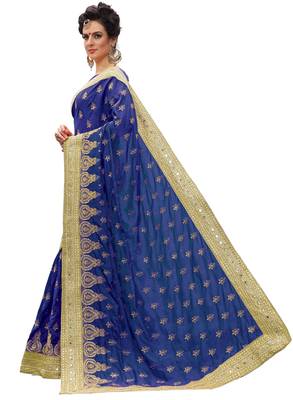 Trendmalls Blue embroidered silk Party Wear Saree With Blouse 3