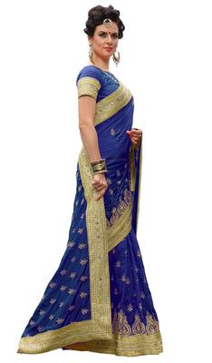 Trendmalls Blue embroidered silk Party Wear Saree With Blouse 4