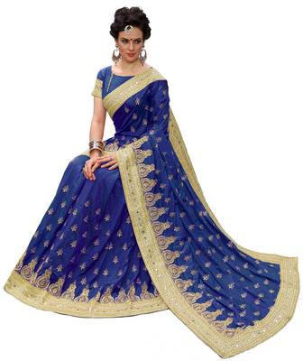 Trendmalls Blue embroidered silk Party Wear Saree With Blouse 5