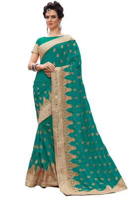 Trendmalls Green embroidered silk  Traditional Wedding Party Wear Bridal Saree with Blouse  1