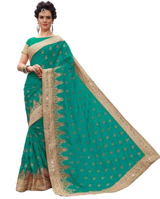 Trendmalls Green embroidered silk  Traditional Wedding Party Wear Bridal Saree with Blouse  3