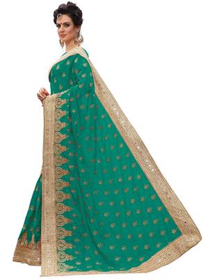 Trendmalls Green embroidered silk  Traditional Wedding Party Wear Bridal Saree with Blouse  4
