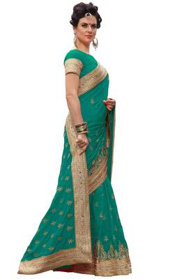 Trendmalls Green embroidered silk  Traditional Wedding Party Wear Bridal Saree with Blouse  5