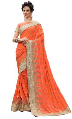 Trendmalls Orange embroidered silk  Traditional Wedding Party Wear Bridal Saree with Blouse  1