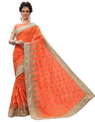 Trendmalls Orange embroidered silk  Traditional Wedding Party Wear Bridal Saree with Blouse  2
