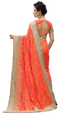 Trendmalls Orange embroidered silk  Traditional Wedding Party Wear Bridal Saree with Blouse  3
