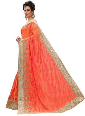Trendmalls Orange embroidered silk  Traditional Wedding Party Wear Bridal Saree with Blouse  4