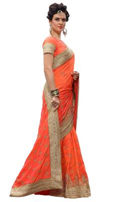 Trendmalls Orange embroidered silk  Traditional Wedding Party Wear Bridal Saree with Blouse  5