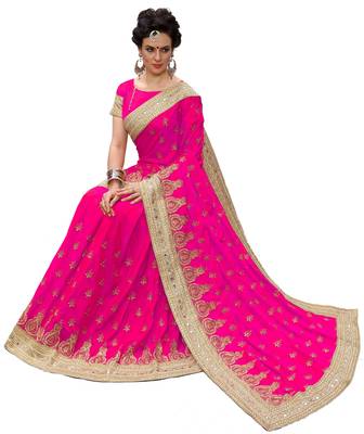 Trendmalls Pink embroidered silk Party Wear Saree With Blouse 5