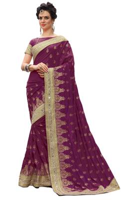 Trendmalls Purple embroidered silk Party Wear Saree With Blouse 1