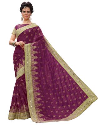 Trendmalls Purple embroidered silk Party Wear Saree With Blouse 3