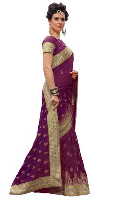 Trendmalls Purple embroidered silk Party Wear Saree With Blouse 5