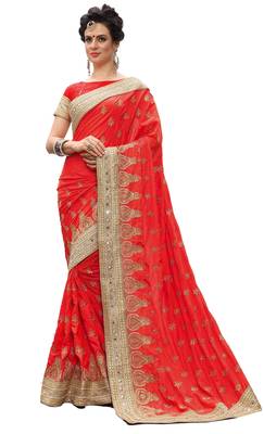 Trendmalls Red embroidered silk  Traditional Wedding Party Wear Bridal Saree with Blouse  1