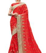 Trendmalls Red embroidered silk  Traditional Wedding Party Wear Bridal Saree with Blouse 