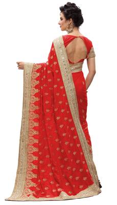 Trendmalls Red embroidered silk  Traditional Wedding Party Wear Bridal Saree with Blouse  2