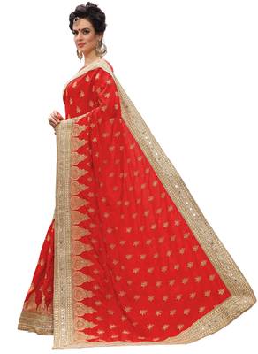 Trendmalls Red embroidered silk  Traditional Wedding Party Wear Bridal Saree with Blouse  3