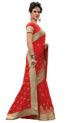Trendmalls Red embroidered silk  Traditional Wedding Party Wear Bridal Saree with Blouse  4