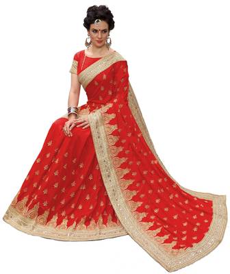 Trendmalls Red embroidered silk  Traditional Wedding Party Wear Bridal Saree with Blouse  5